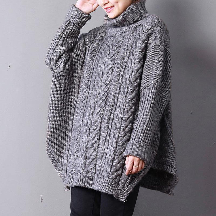 2021 Gray Knit Tops Fall Fashion Knit Sweat Tops High Neck Side Open Sweaters - Omychic