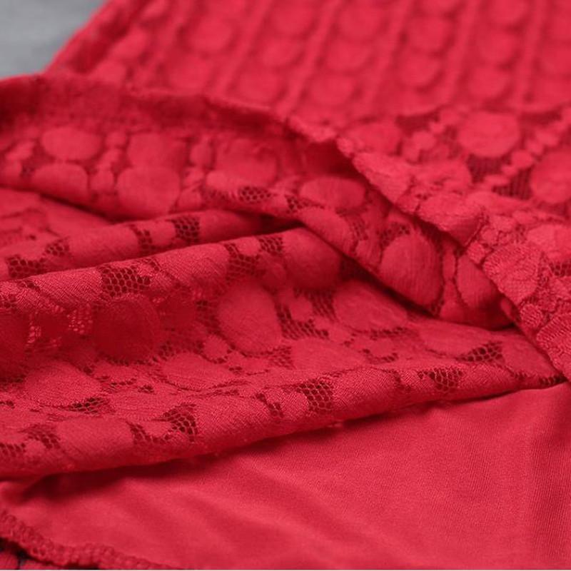 Round Neck Lace Long Sleeve Lining Women Red Dress - Omychic