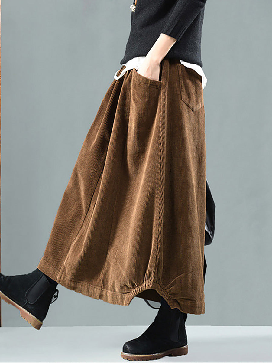 Women Casual Elastic Waist Calf Length Fall Corduroy Skirt