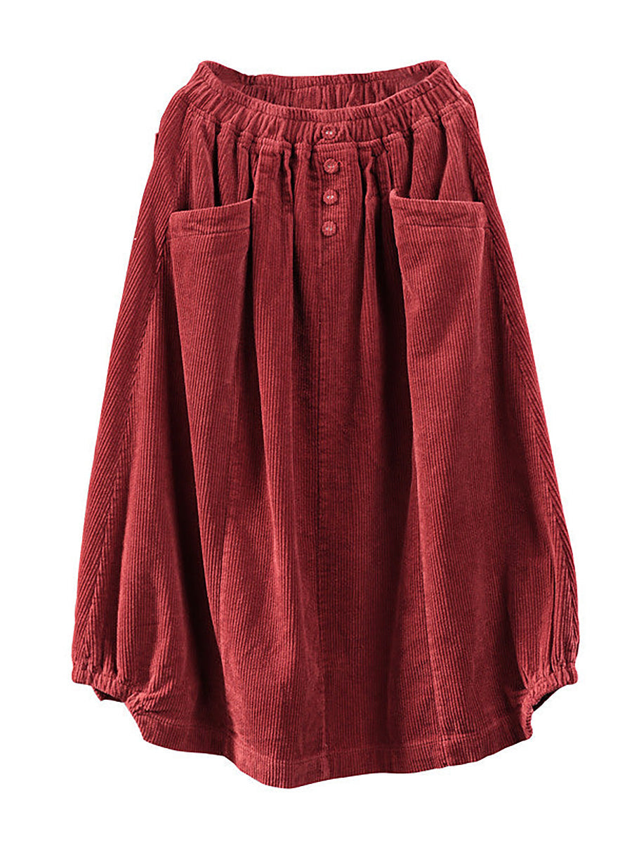 Women Casual Elastic Waist Calf Length Fall Corduroy Skirt