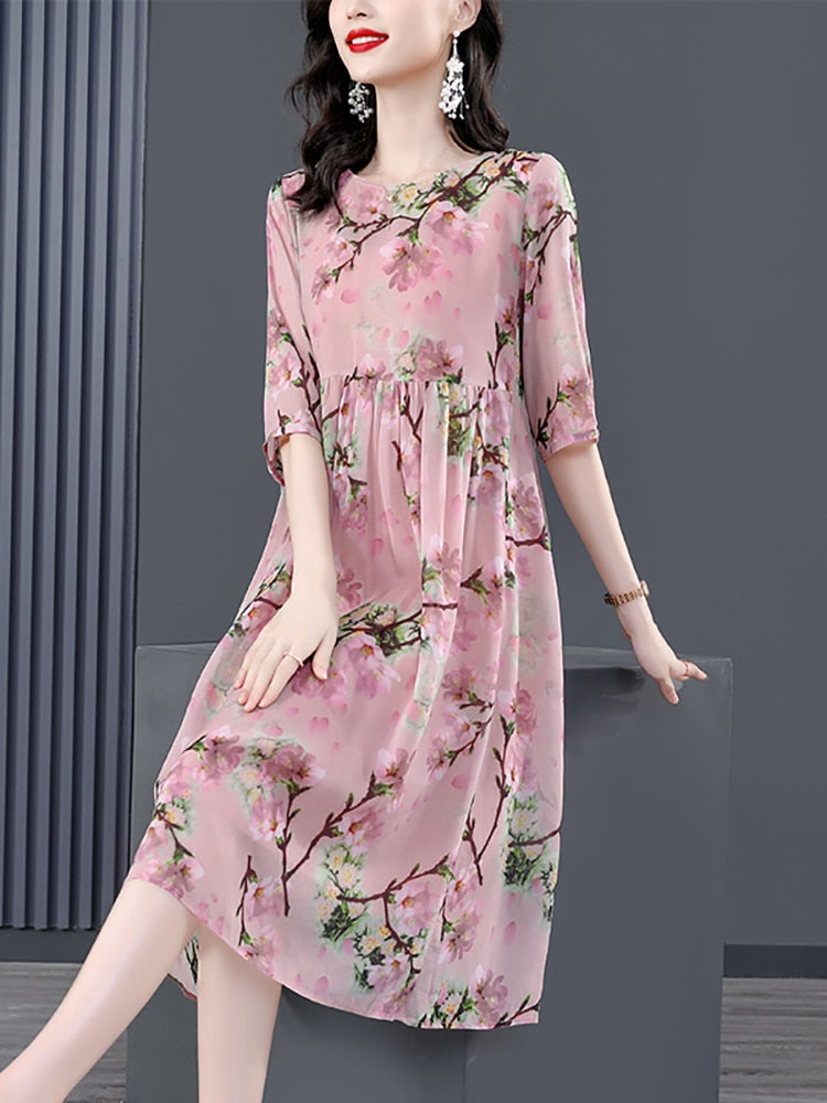 Women Boho Floral Silk Loose Waist Midi Dress