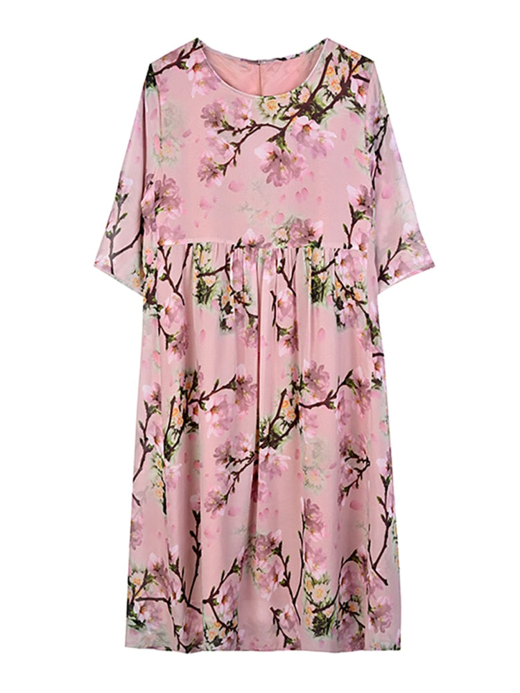 Women Boho Floral Silk Loose Waist Midi Dress