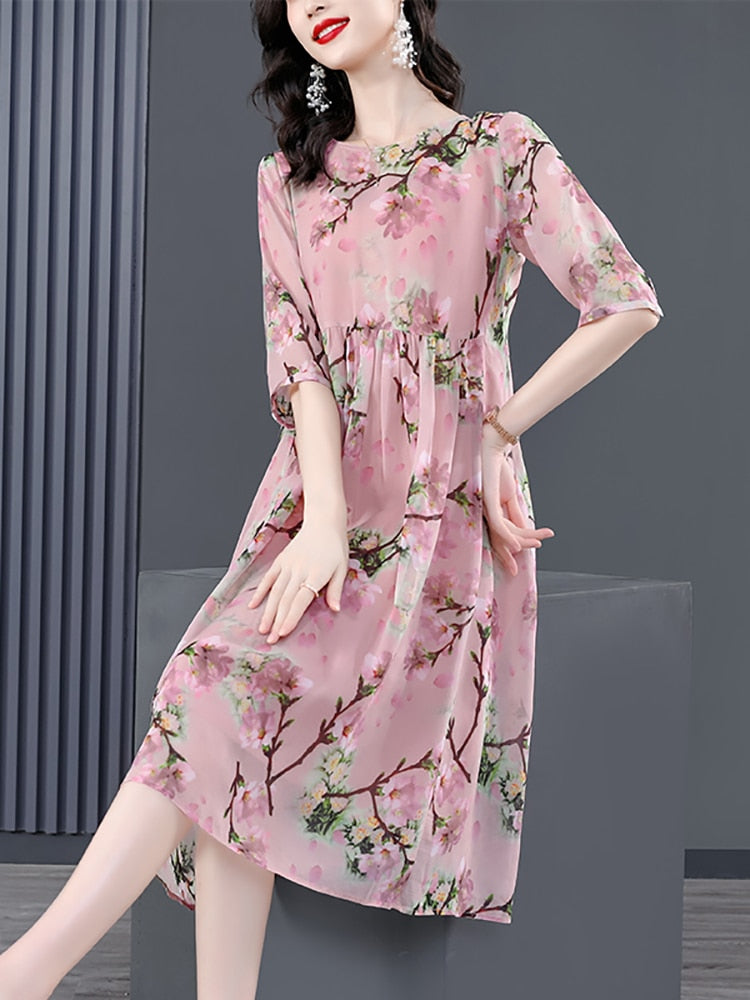 Women Boho Floral Silk Loose Waist Midi Dress