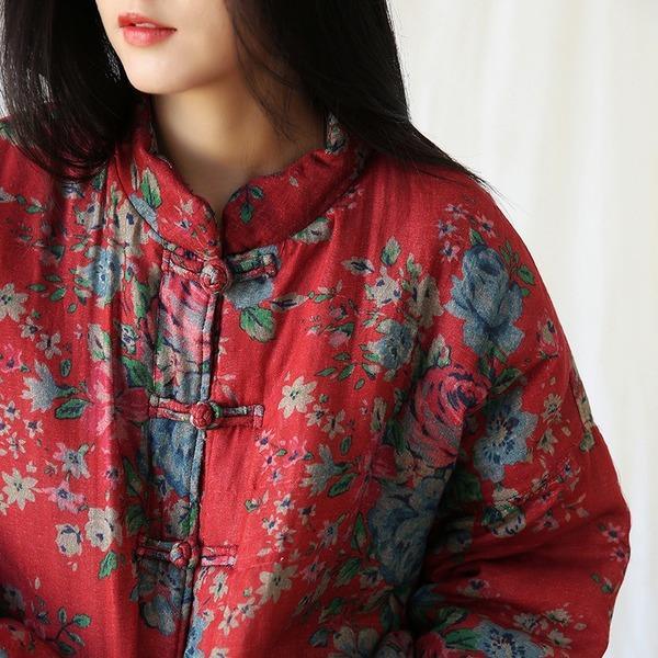 Long Sleeve Button Chinese Style 2020 Winter New Warm Red Parkas Coats - Omychic