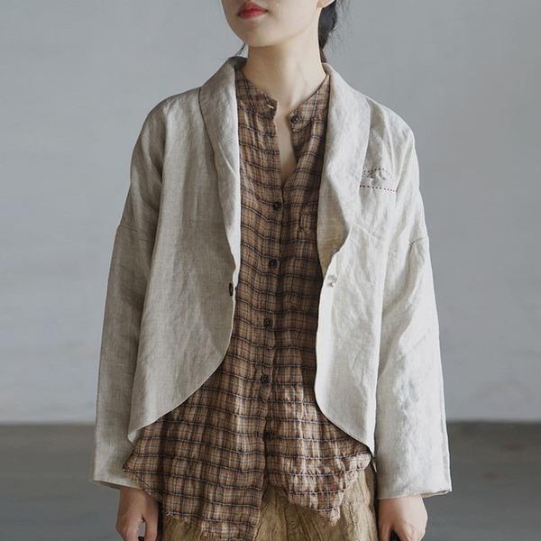 New 2020 Cotton Linen Retro Turn-down Collar Single Button Long Sleeve Coats - Omychic