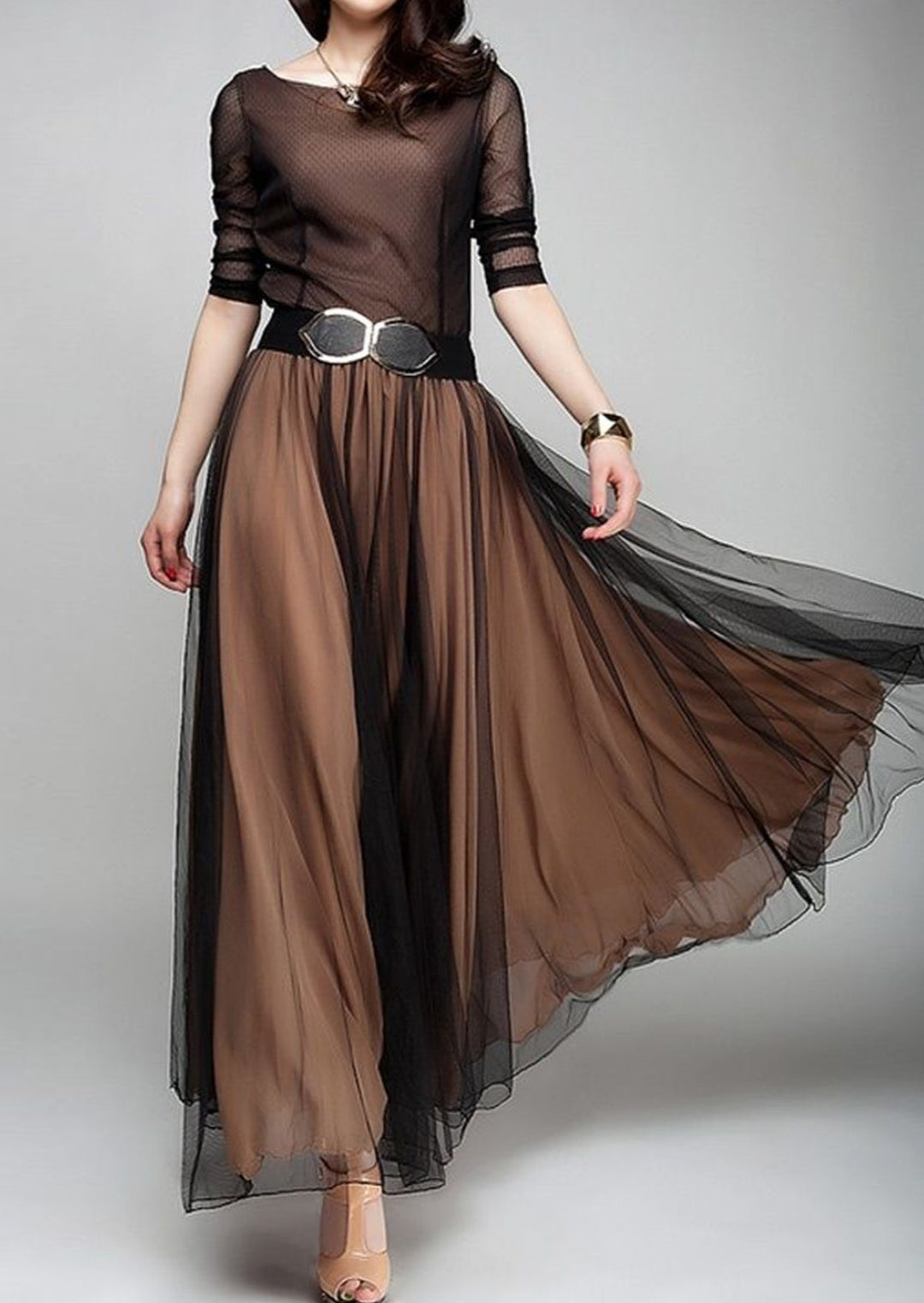 Elegant Plain Boat Neck Flowy Hem Maxi Dress