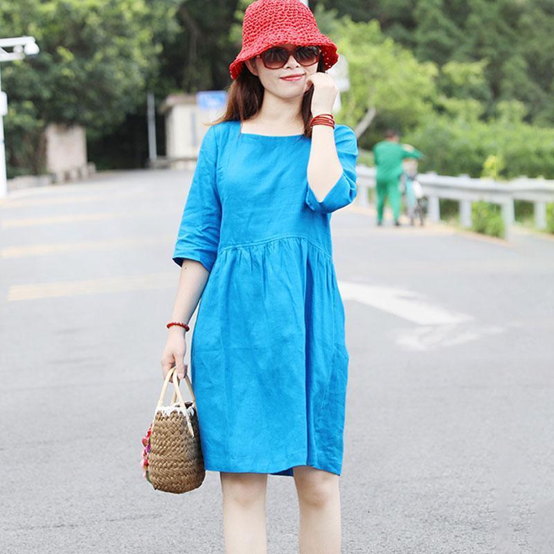 Special Collar Design Women Half Sleeve Loose Blue Folded Dress - Omychic