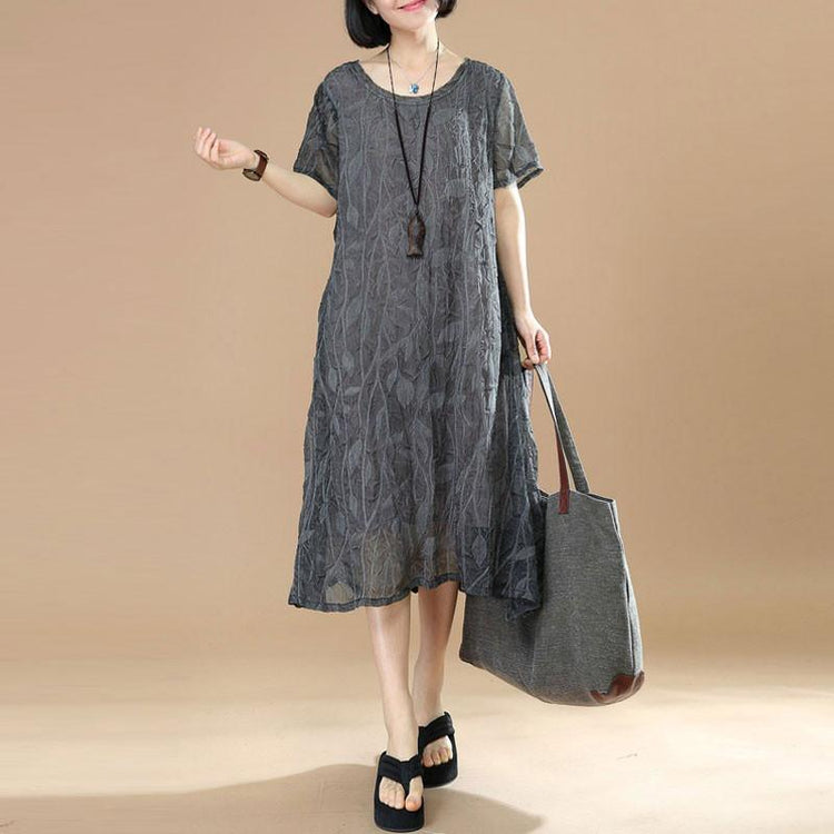 Summer Short Sleeves Women Casual Round Neck Dark Gray Dress - Omychic