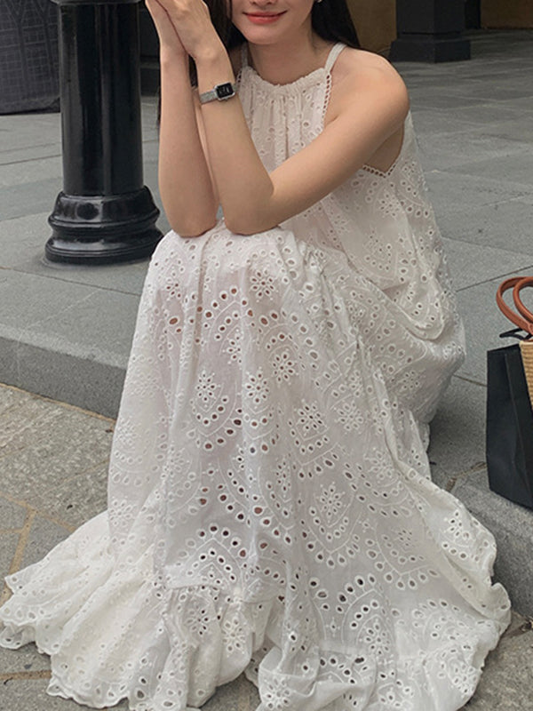 Hollow Pleated Round-neck Maxi Dress Sleeveless