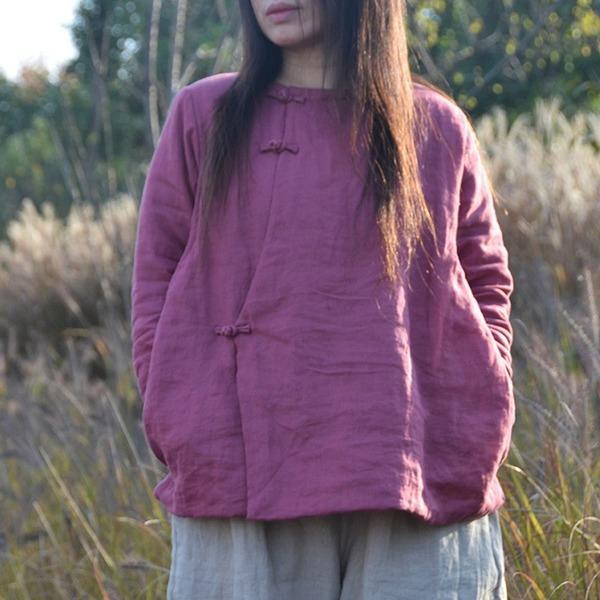 Women Autumn Parkas Ramie Coats Solid Color 2020 New O-Neck Long Sleeve Parkas - Omychic