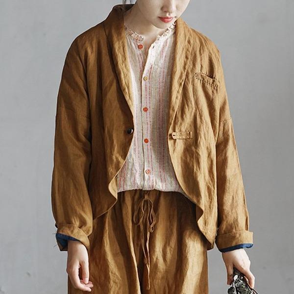New 2020 Cotton Linen Retro Turn-down Collar Single Button Long Sleeve Coats - Omychic
