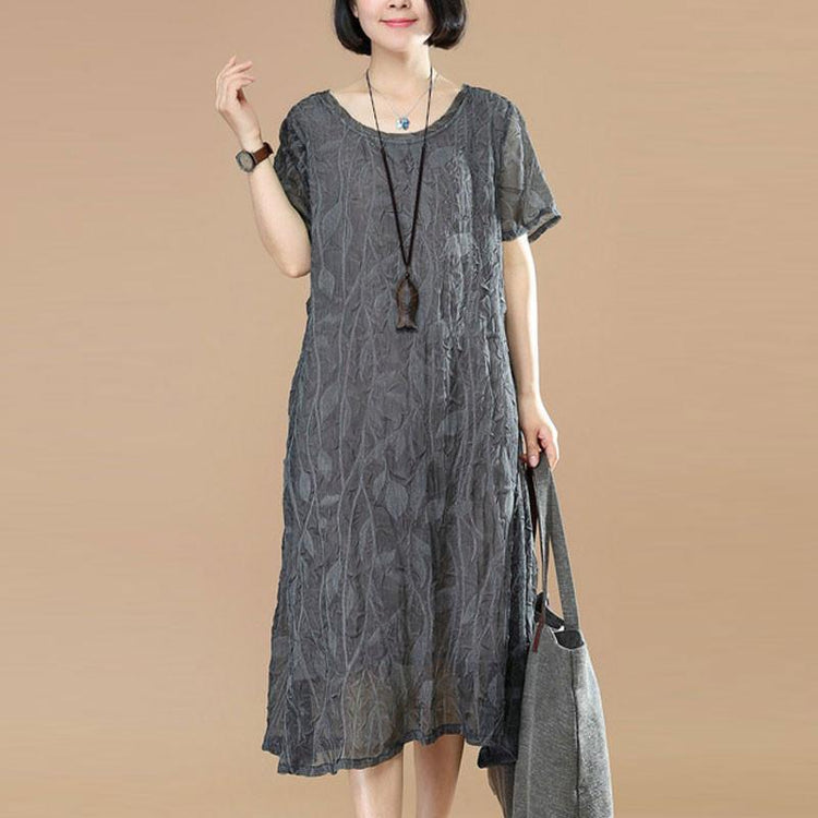 Summer Short Sleeves Women Casual Round Neck Dark Gray Dress - Omychic