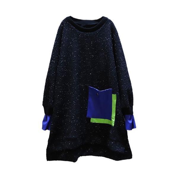 New Bright Silk Splicing Pullover Dress Winter Fashion Casual Women Patchwork Pocket Loose Contrast Color All-match - Omychic