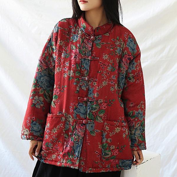 Long Sleeve Button Chinese Style 2020 Winter New Warm Red Parkas Coats - Omychic