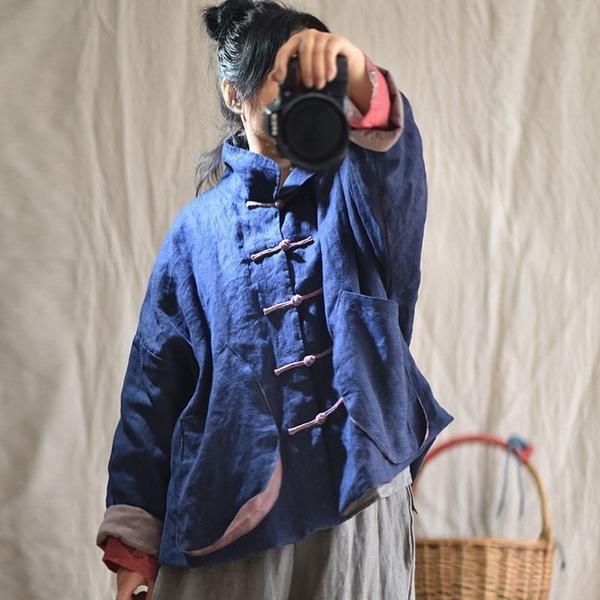 2020 Autumn Winter New Retro Patchwork Pocket Stand Plate Buckle Coats - Omychic