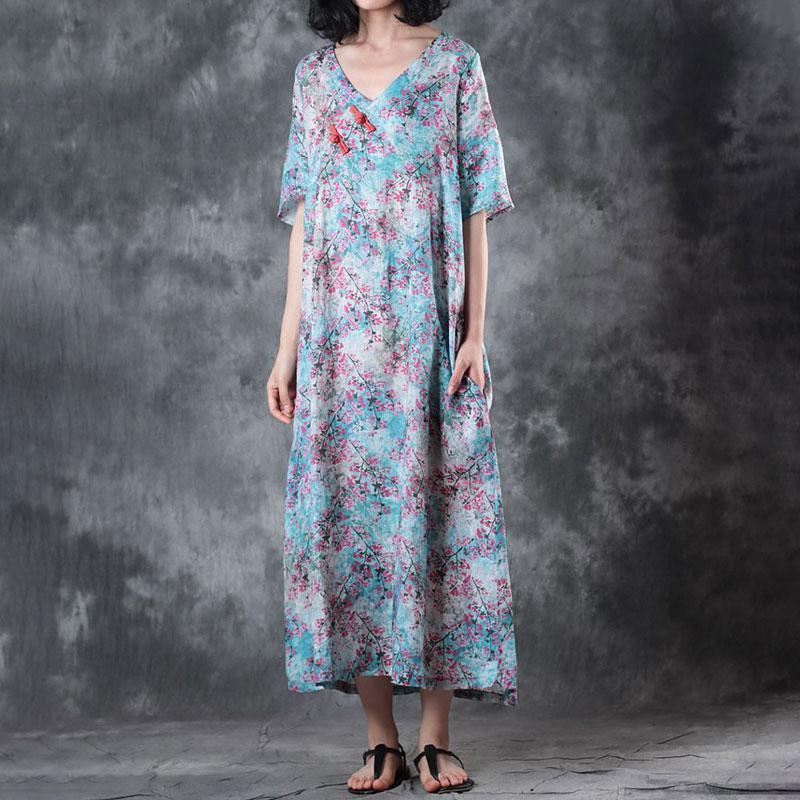 Retro V Neck Short Sleeve Printed Ramie Dress - Omychic