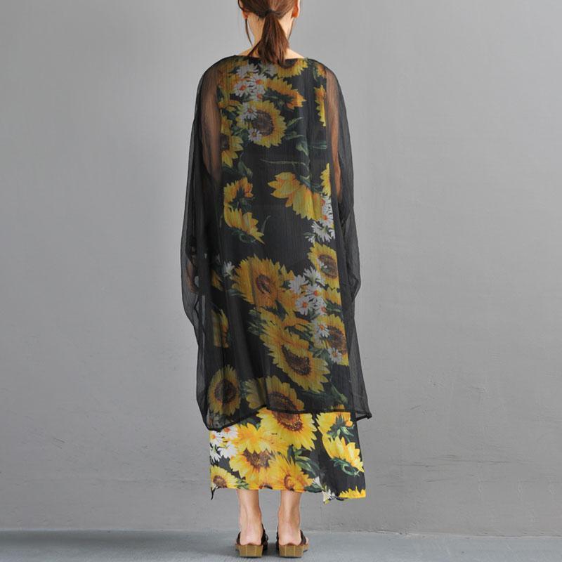 Summer Fake Two Pieces Yellow Flower Printed Bat Sleeve Dress - Omychic
