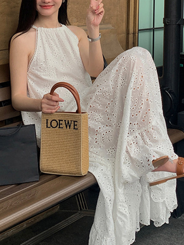 Hollow Pleated Round-neck Maxi Dress Sleeveless