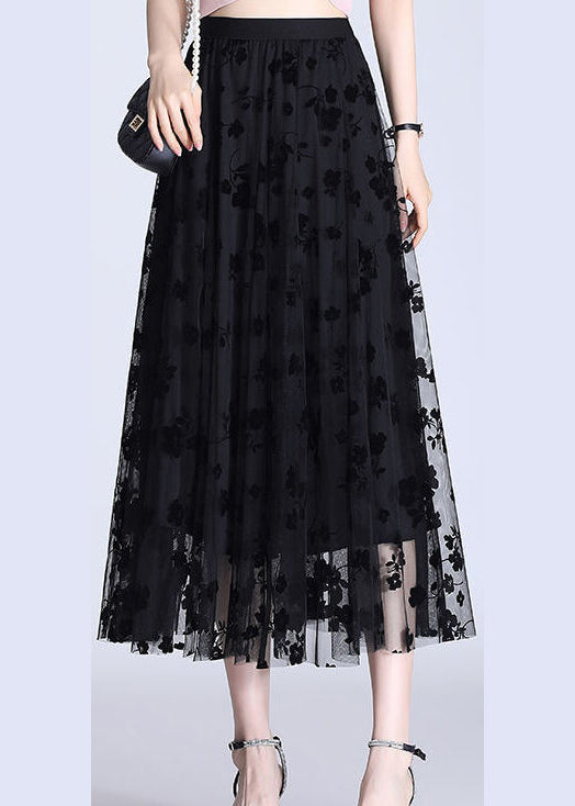 French Black Elastic Waist Print Pencil Spring Skirt