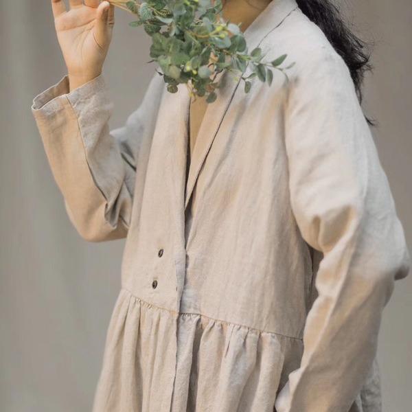 Linen Trench Solid Color Coats Turn-down Collar Long Sleeve Button 2020 Autumn New Chinese Style Trench - Omychic