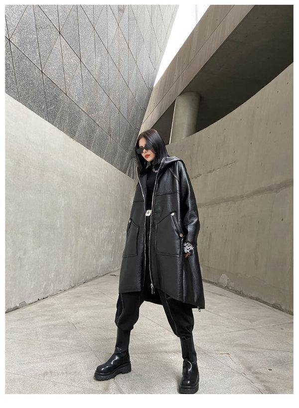 Black Splicing Keep Warm Faux Leather Women New Winter Fashion All-match Coat Personality Splicing Street Trendy - Omychic