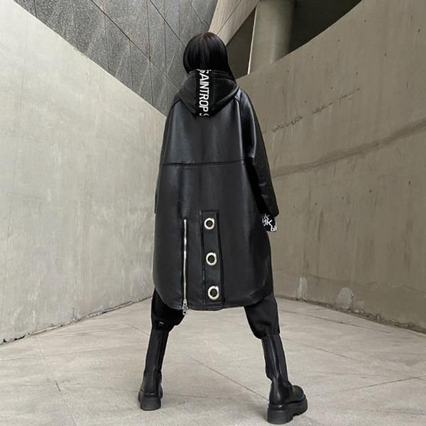 Black Splicing Keep Warm Faux Leather Women New Winter Fashion All-match Coat Personality Splicing Street Trendy - Omychic