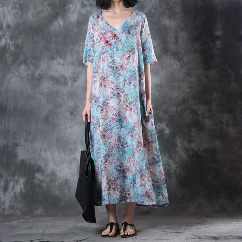 Retro V Neck Short Sleeve Printed Ramie Dress - Omychic