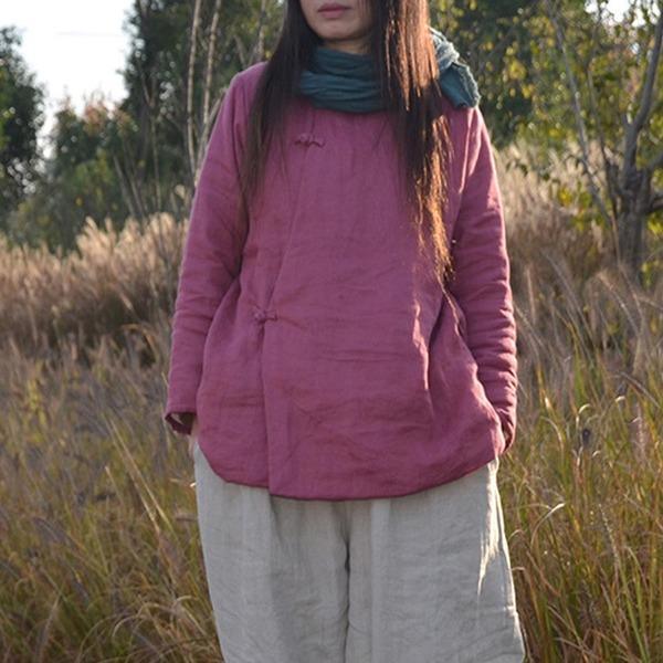 Women Autumn Parkas Ramie Coats Solid Color 2020 New O-Neck Long Sleeve Parkas - Omychic