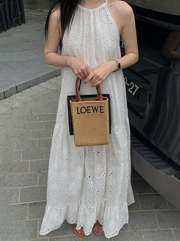 Hollow Pleated Round-neck Maxi Dress Sleeveless