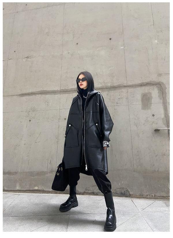 Black Splicing Keep Warm Faux Leather Women New Winter Fashion All-match Coat Personality Splicing Street Trendy - Omychic