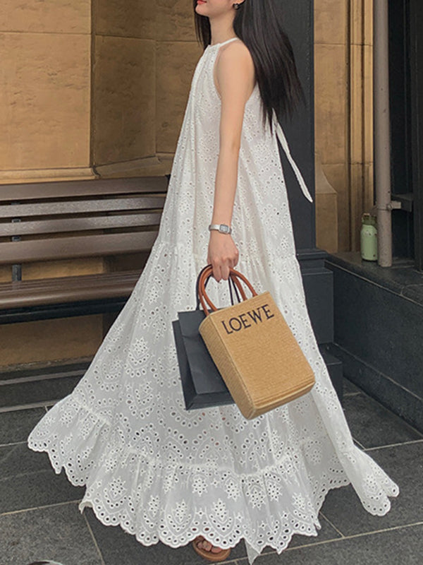 Hollow Pleated Round-neck Maxi Dress Sleeveless