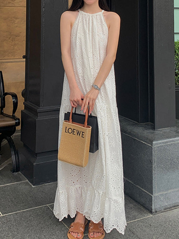 Hollow Pleated Round-neck Maxi Dress Sleeveless