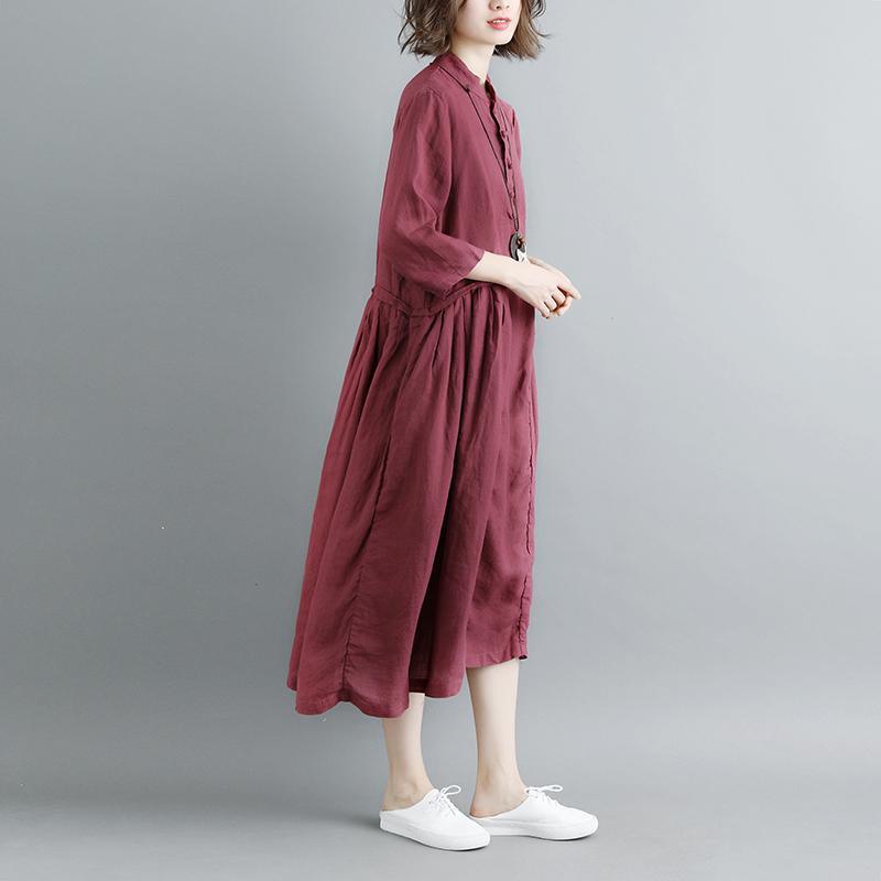 Summer Short Sleeve Buttons Pockets Purple Pleated Retro Dress - Omychic