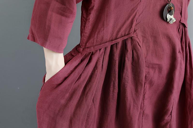 Summer Short Sleeve Buttons Pockets Purple Pleated Retro Dress - Omychic