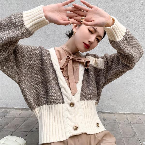 Knitting Sweater Open Stitch Winter Fashion The New Splicing V Neck Collar Short Top Coat - Omychic