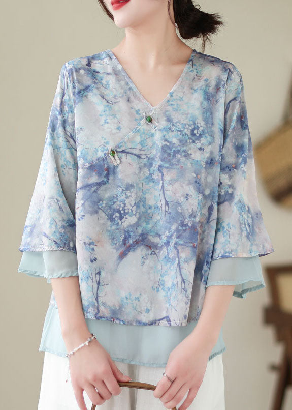Boutique Blue Print Chinese Button Patchwork Chiffon Top Summer