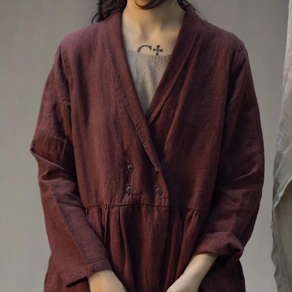 Linen Trench Solid Color Coats Turn-down Collar Long Sleeve Button 2020 Autumn New Chinese Style Trench - Omychic