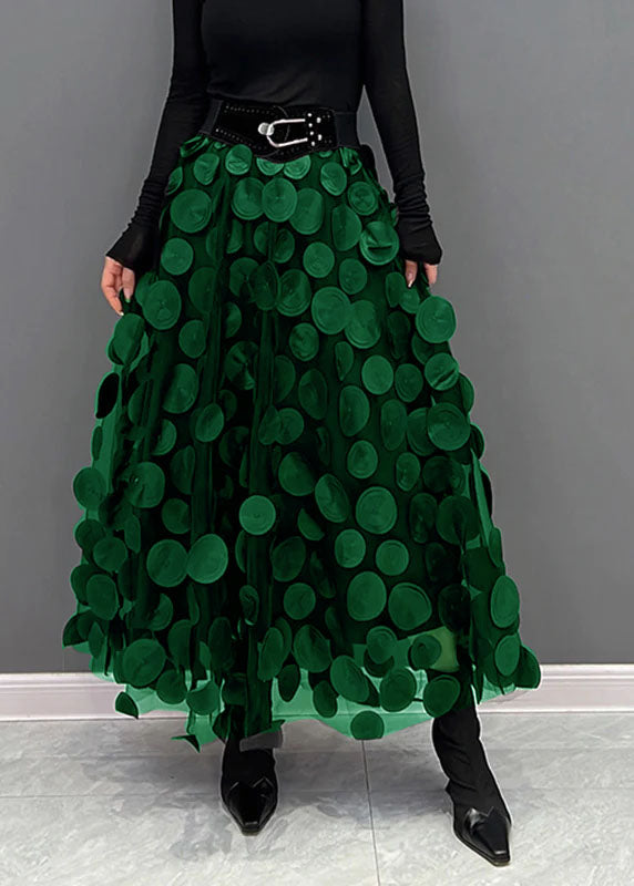 Elegant Green Dot Patchwork Tulle Skirt Spring