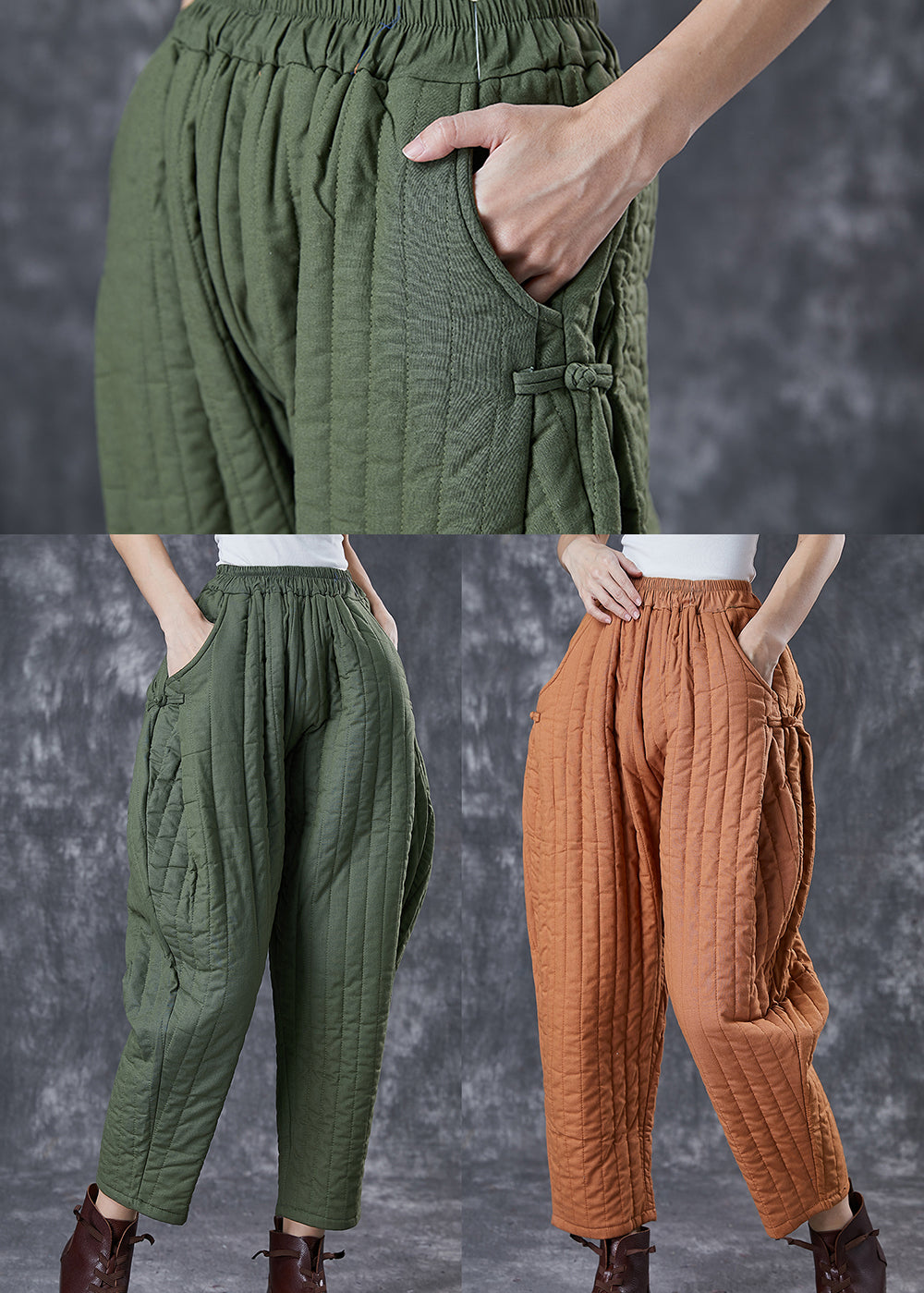 Army Green Fine Cotton Filled Harem Pants Oversized Oriental Winter