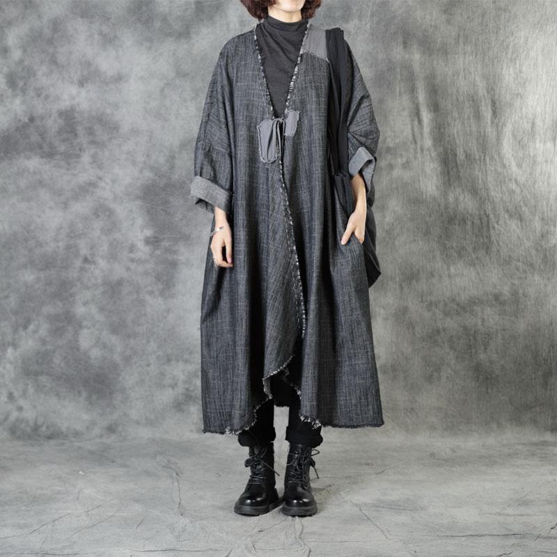 Art Black V Neck Pockets Patchwork Fall Asymmetrical Design Coats Long Sleeve - Omychic