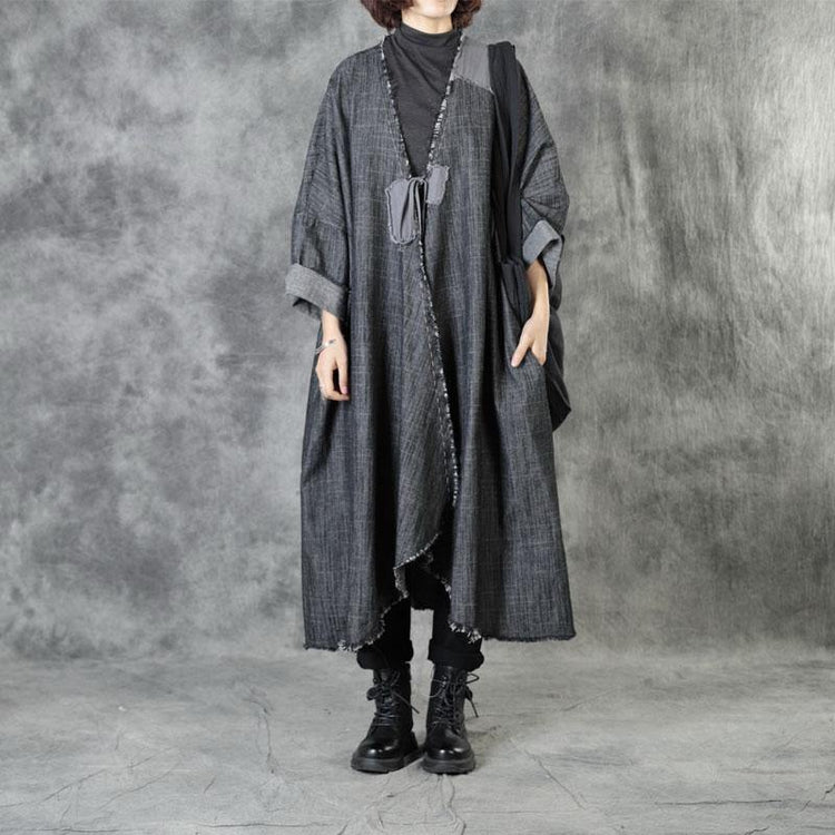 Art Black V Neck Pockets Patchwork Fall Asymmetrical Design Coats Long Sleeve - Omychic