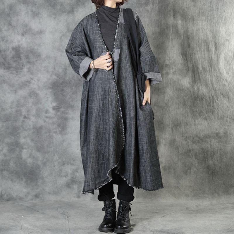 Art Black V Neck Pockets Patchwork Fall Asymmetrical Design Coats Long Sleeve - Omychic