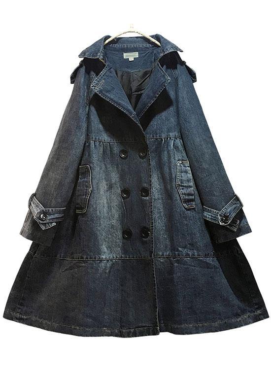 Art Blue Peter Pan Collar Pockets Button Fall Denim Trench Coats Coat - Omychic