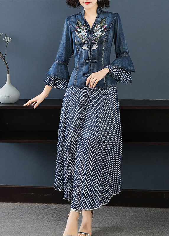 Art Blue Stand Collar Embroidered Denim Coats Flare Sleeve And Dot Print Chiffon Skirts Two Piece Set Women Clothing