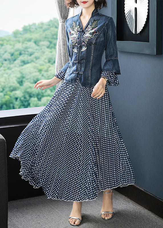 Art Blue Stand Collar Embroidered Denim Coats Flare Sleeve And Dot Print Chiffon Skirts Two Piece Set Women Clothing