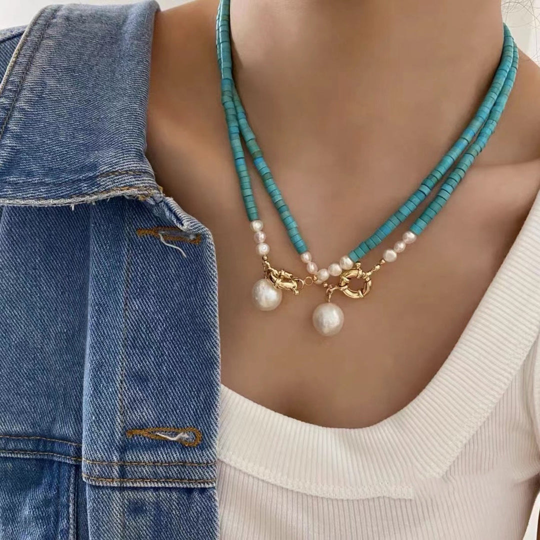 Art Blue Turquoise Layer Pearl Pendant Necklace