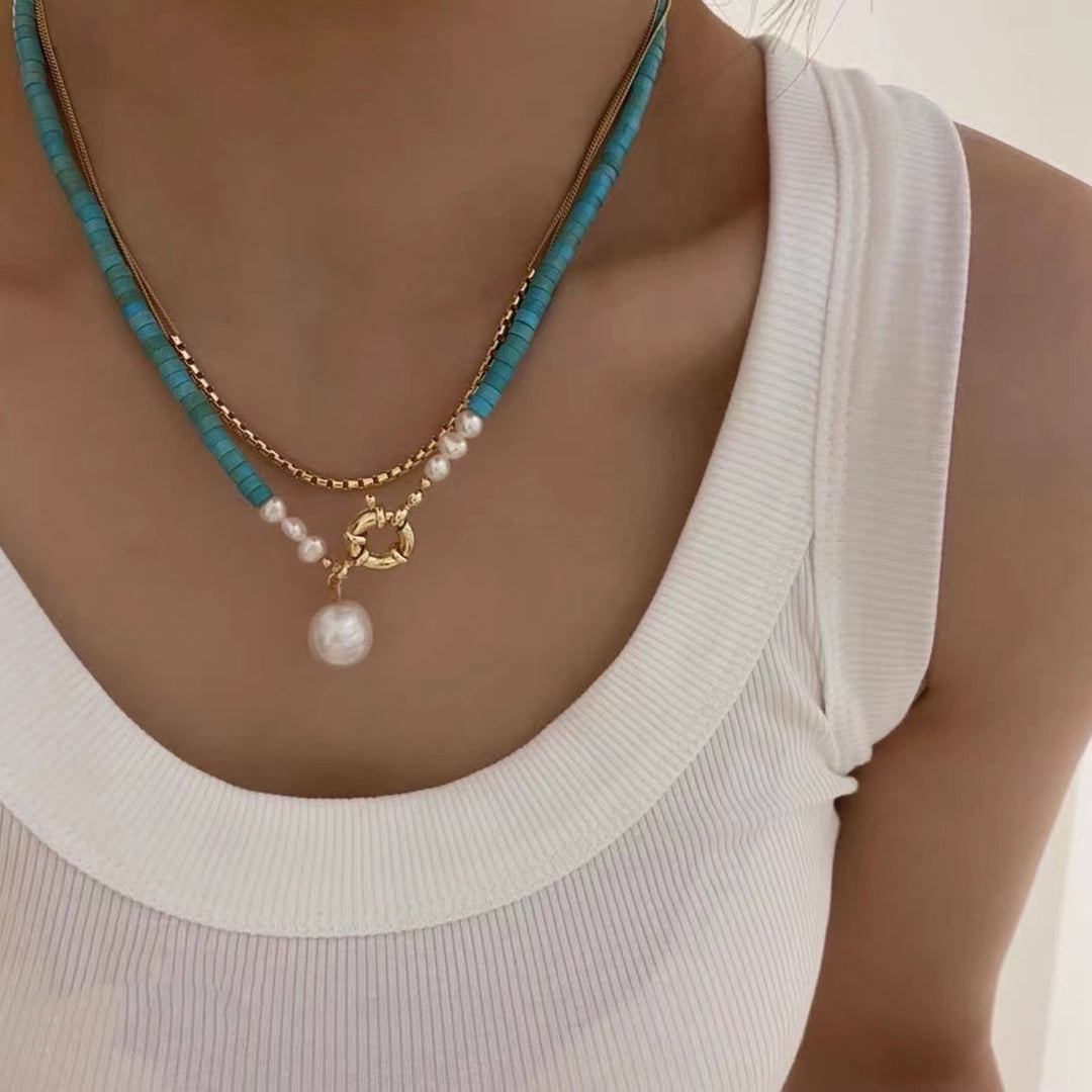Art Blue Turquoise Layer Pearl Pendant Necklace