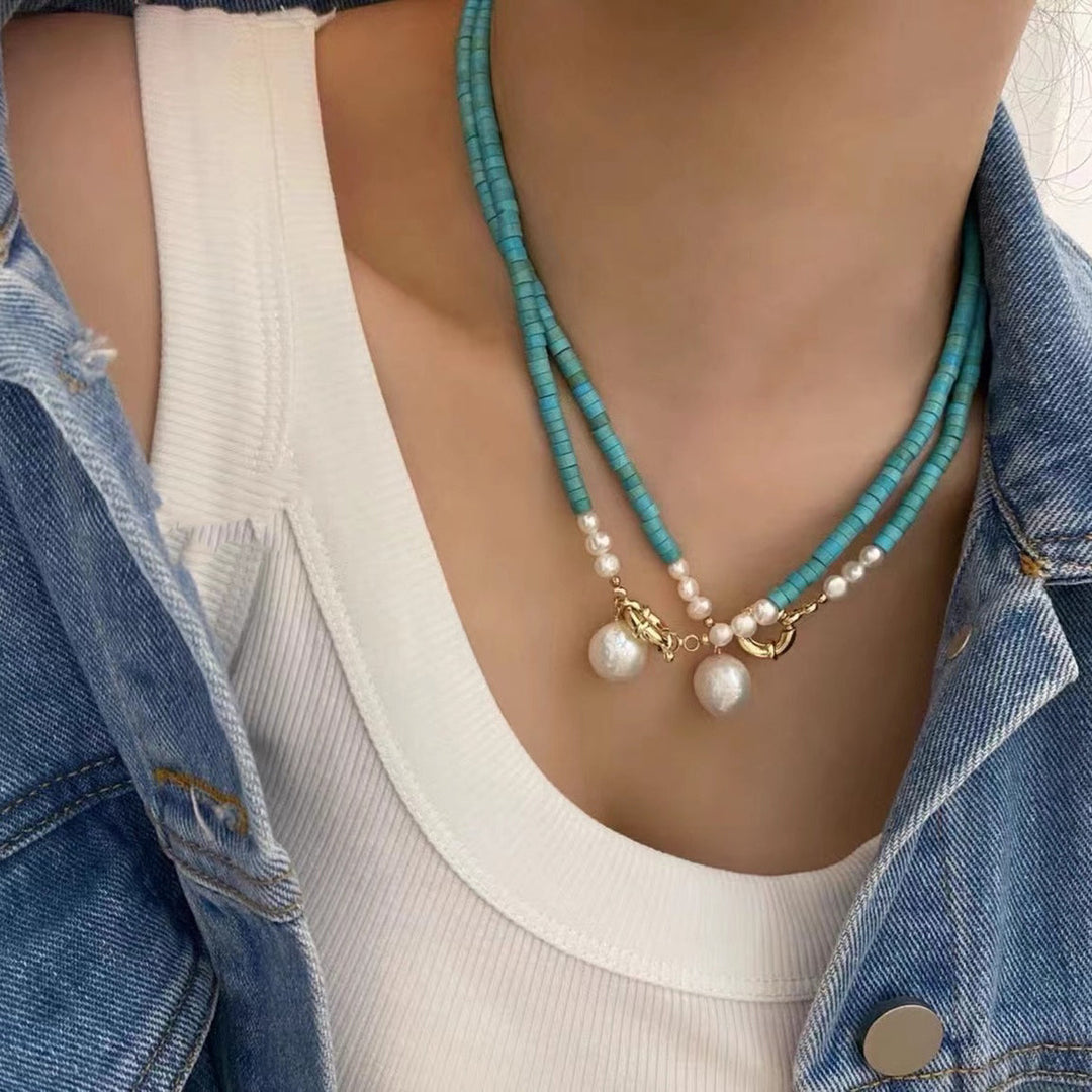 Art Blue Turquoise Layer Pearl Pendant Necklace