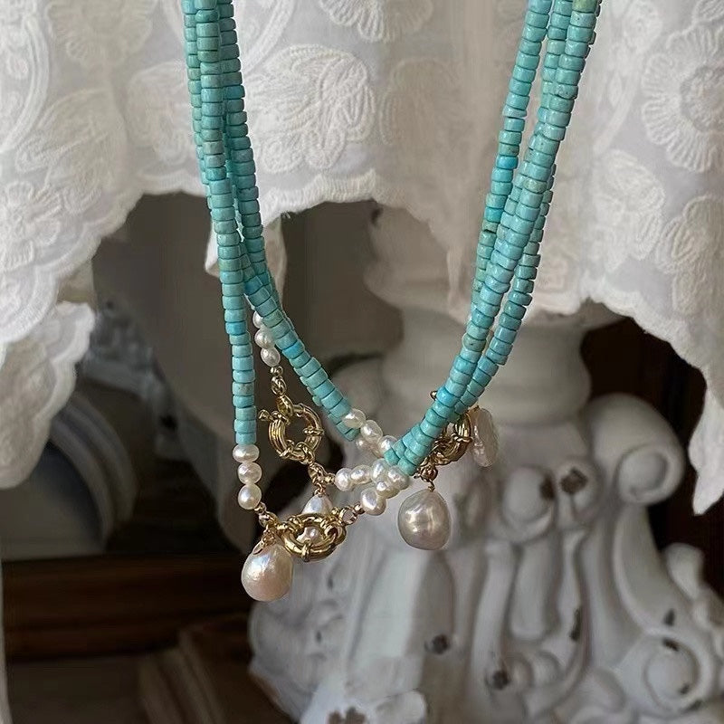 Art Blue Turquoise Layer Pearl Pendant Necklace