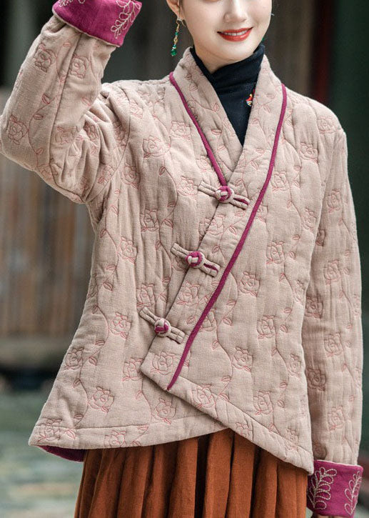 Art Light Green Embroidered Oriental Button Fine Cotton Filled Coats Winter